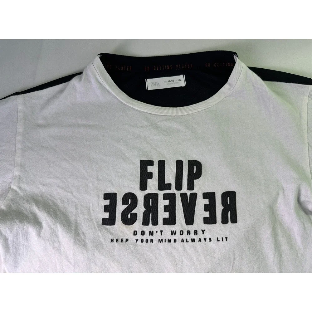Zara Boys Size 11-12 Flip Reverse Graphic T-Shirt White Black Keep Active Sporty